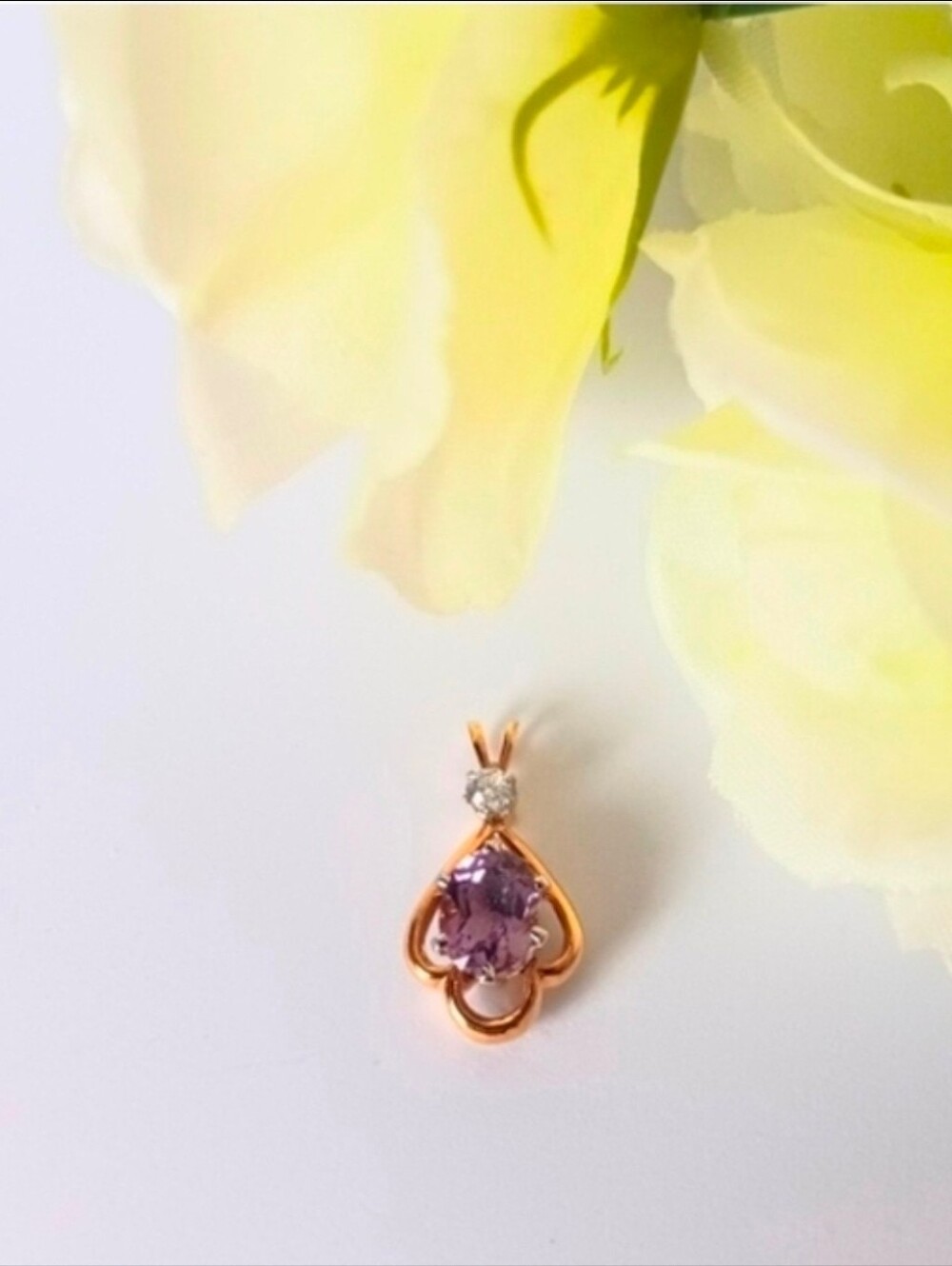 Goldtone Heart Pendant with Purple Gem and Diamond Accent